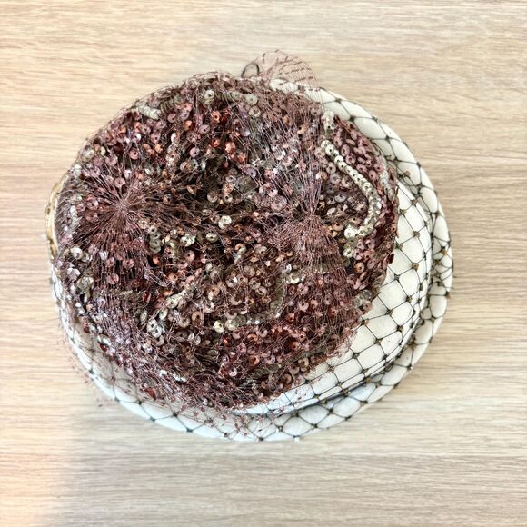 Vintage 1950s Cocktail Pillbox Hat Ivory Felt Sequined Brown Veil Mid Century main image 4